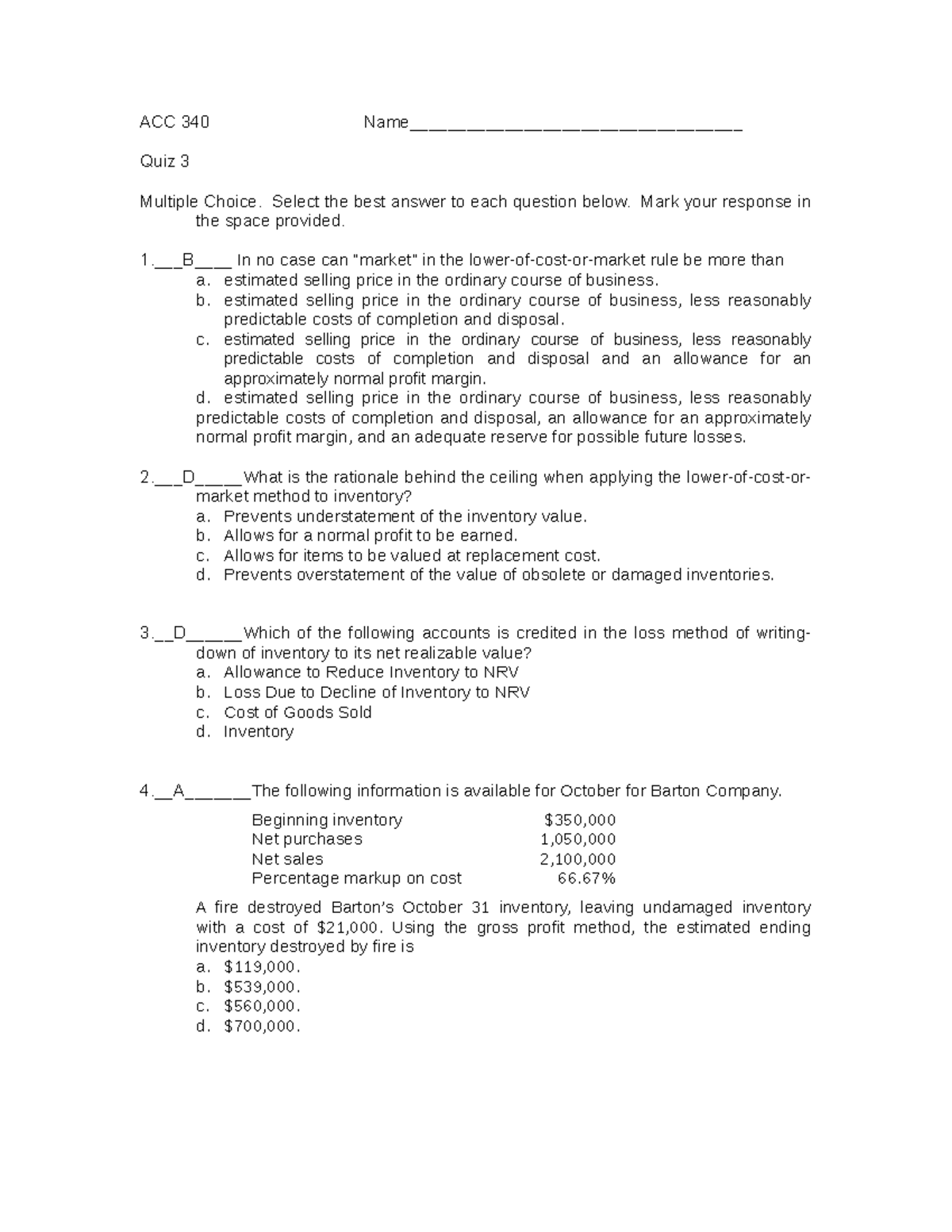 ACC 340 Quiz 3, 4, 7 Solutions - Multiple Choice Answers and ...