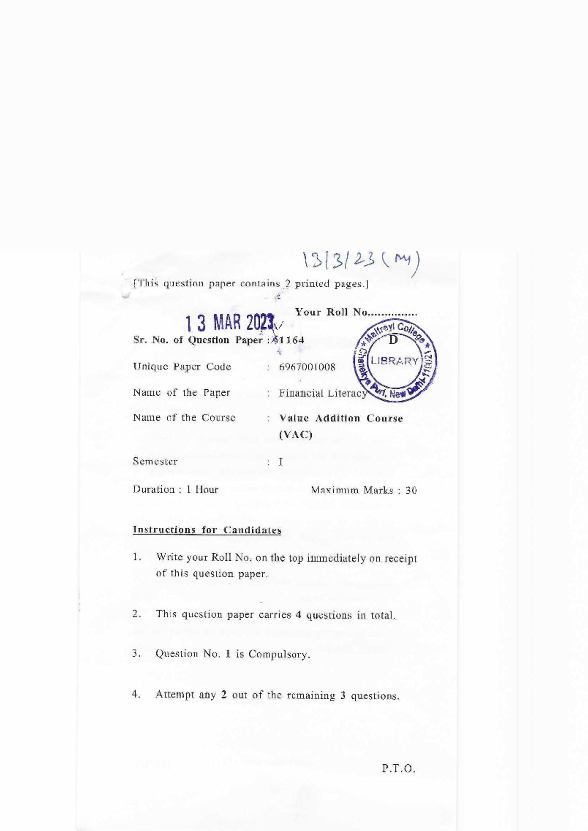 Financial Literacy VAC I - Question Paper & Syllabus Material - Studocu