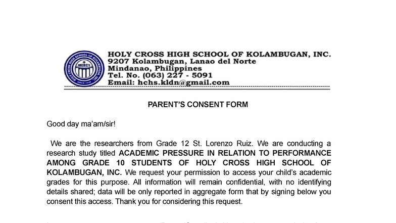 Grade 12 Parent Consent Form for Research Study on Academic Pressure ...