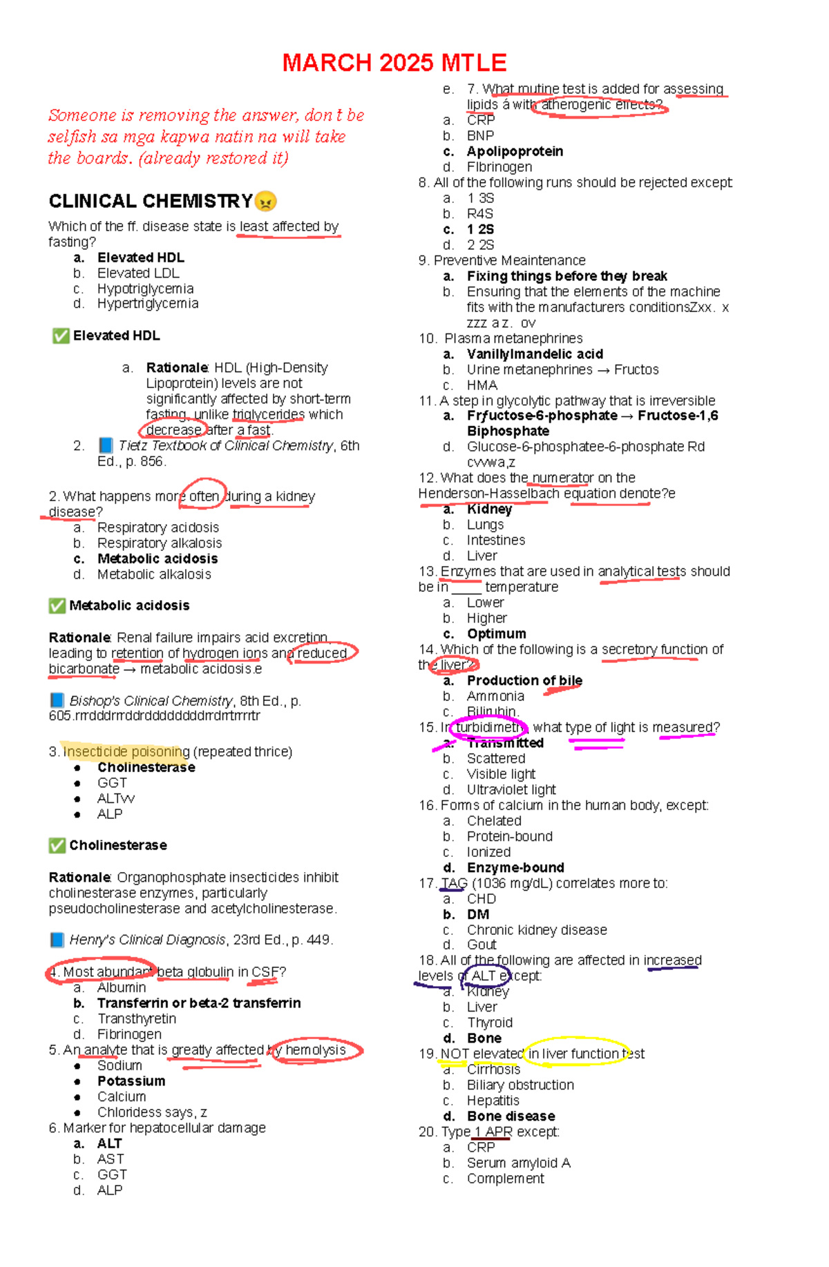 CC March 2025 MTLE Clinical Chemistry and Microbiology Recalls - Studocu