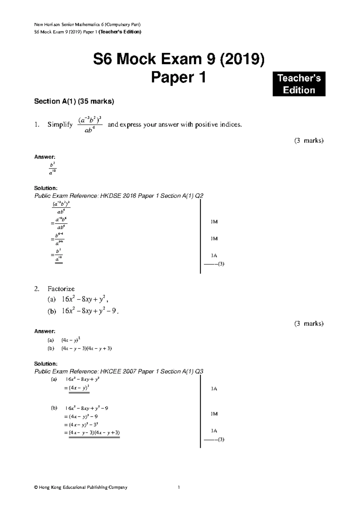 New Horizon Senior Mathematics 6 S6 Mock Exam 8 (2018) Paper 1 ...