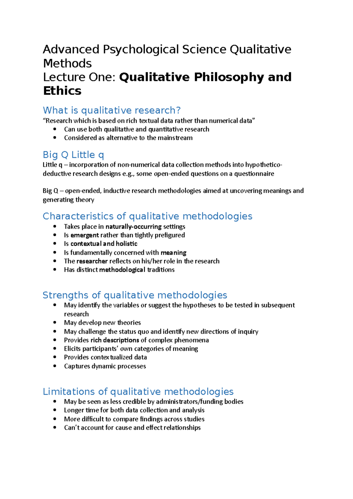 Advanced Psychological Science Qualitative Methods Lecture Notes - Studocu
