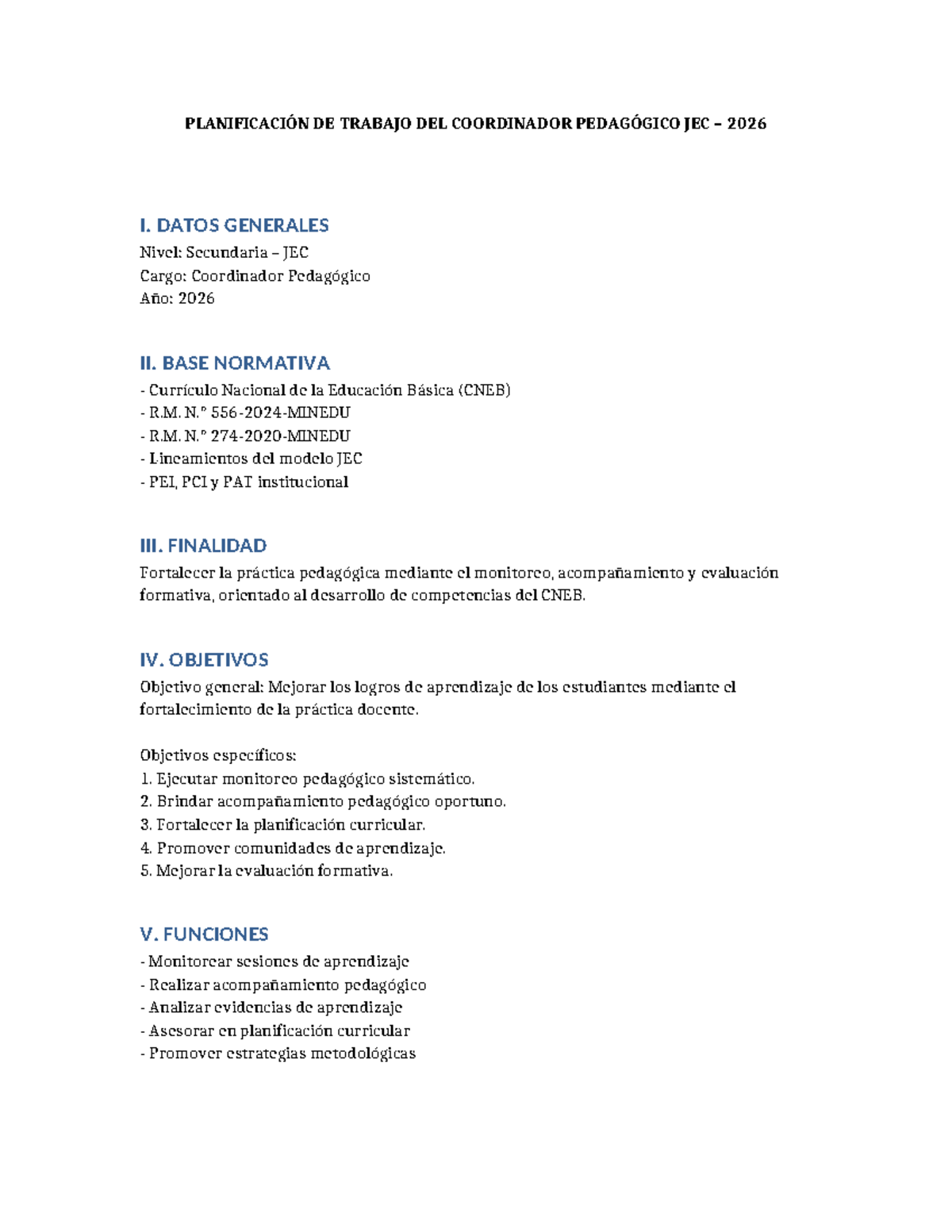 Plan de Trabajo del Coordinador Pedagógico JEC 2026 - Document Preview