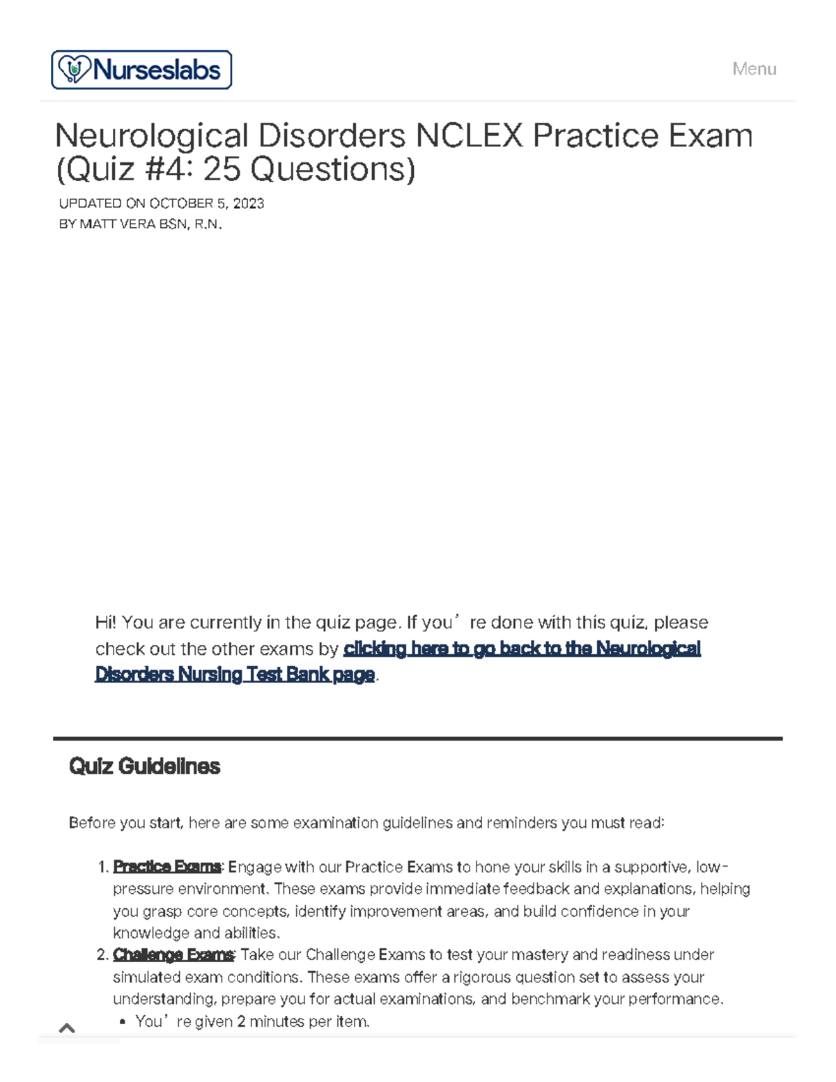 Neurological Disorders NCLEX Quiz #4 - Practice Exam with 25 Qs - Studocu