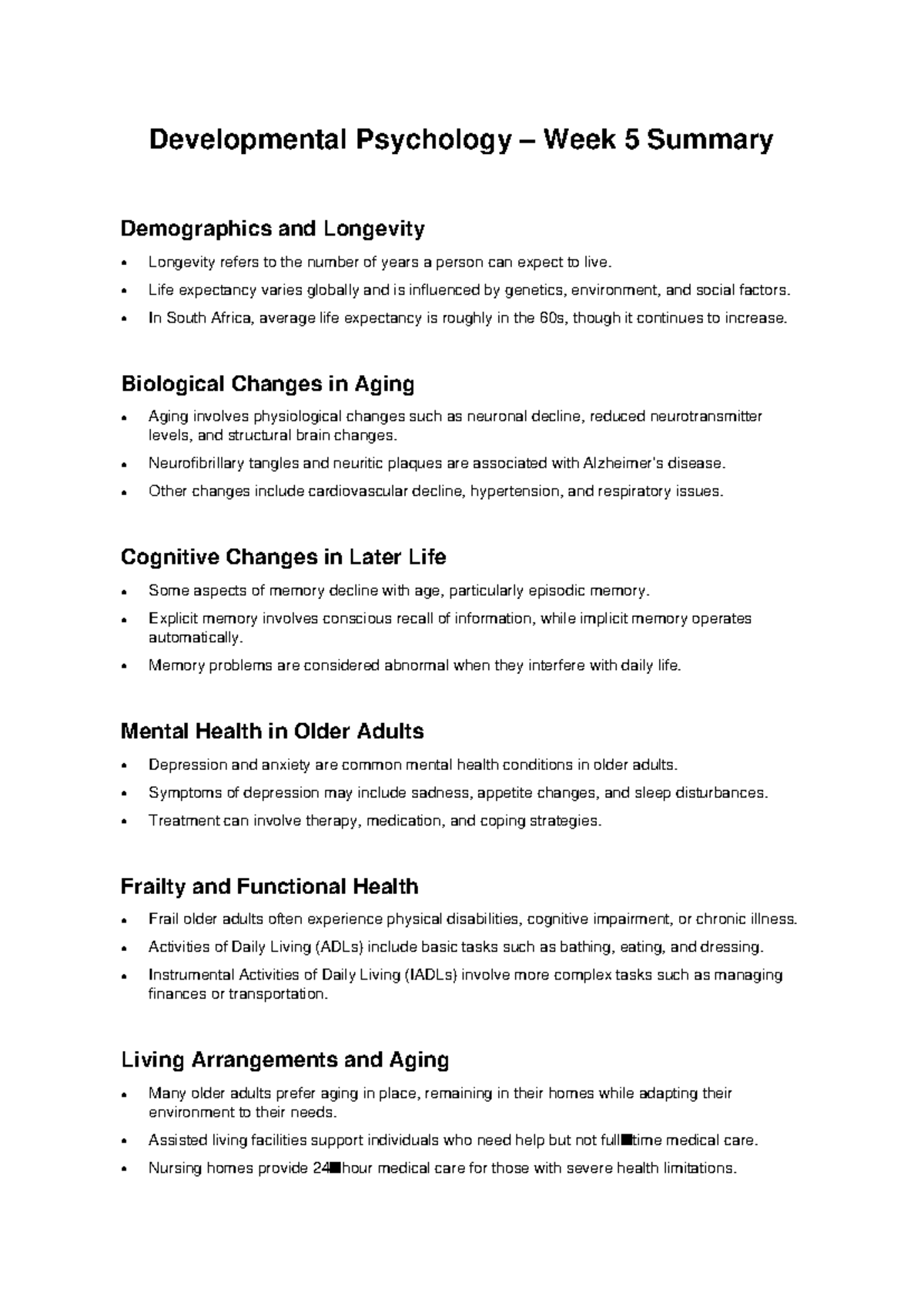 Developmental Psychology PSY 101 Week 5 Summary: Aging & Longevity ...