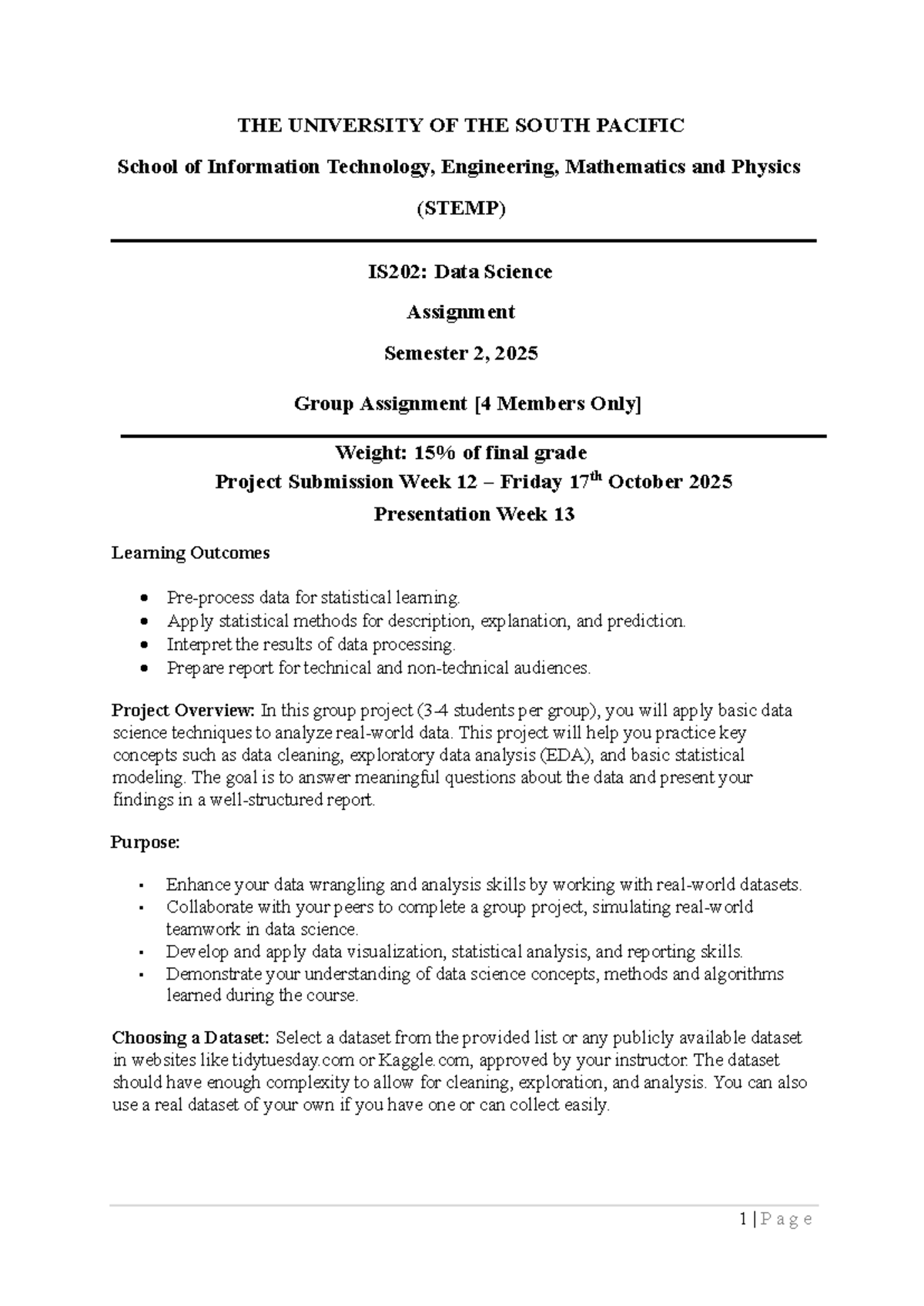 IS202 Data Science Group Project Overview - Semester 2, 2025 - Studocu