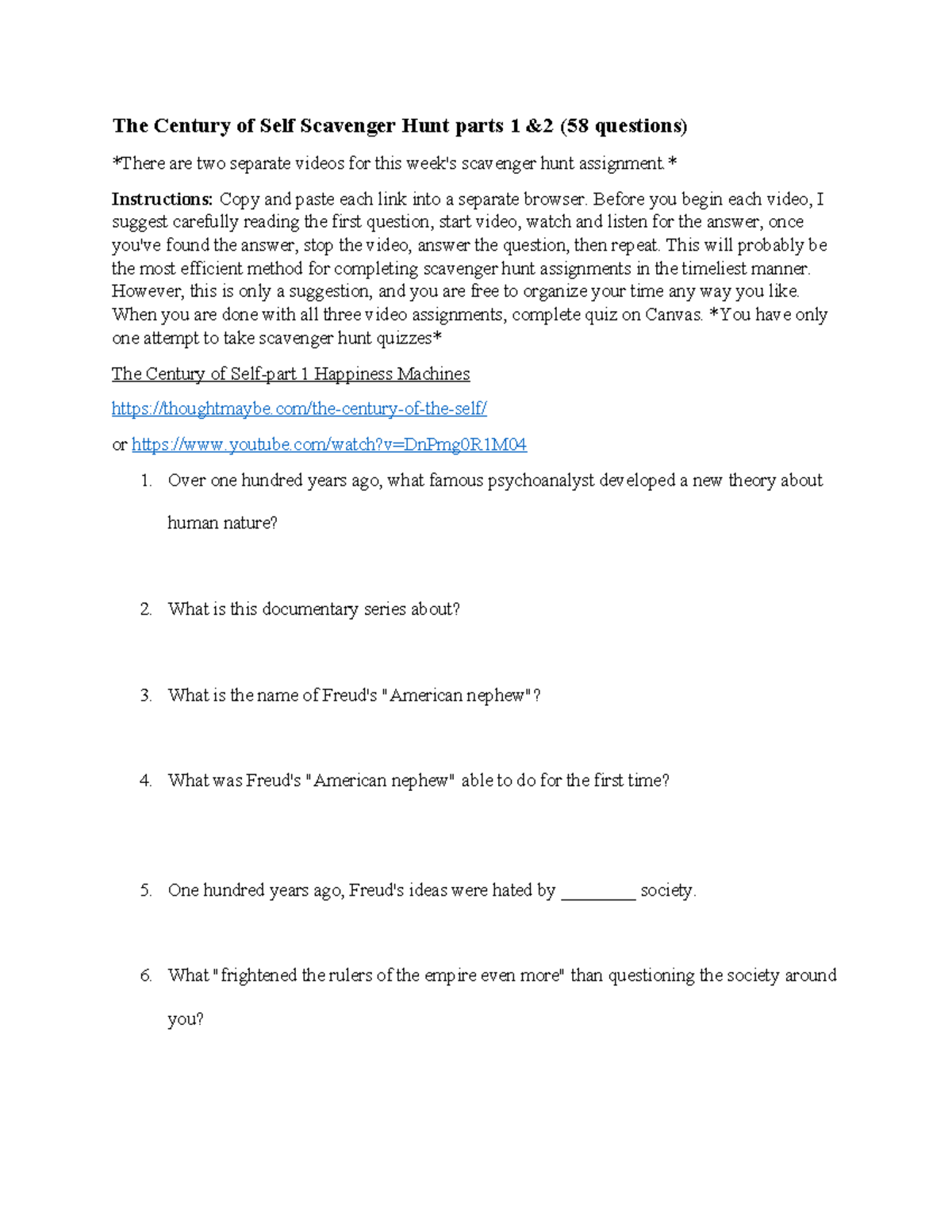 The Century of Self Scavenger Hunt: Parts 1 & 2 Quiz Guide - Studocu
