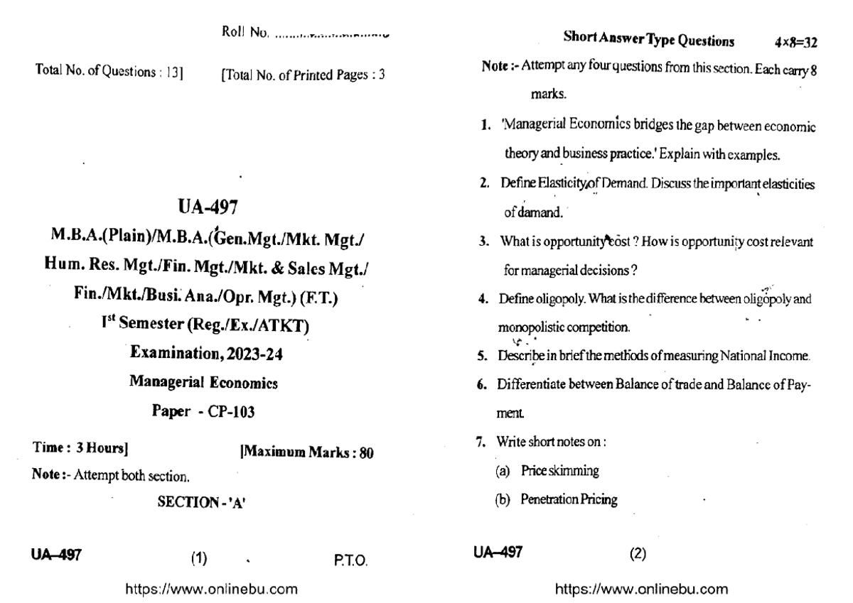 MBA 1 Sem Managerial Economics UA 497 Short Answer Questions - Studocu