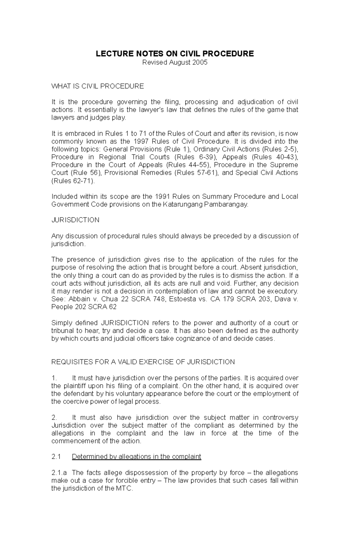 LECTURE NOTES ON CIVIL PROCEDURE (LAW 101) - Revised August 2005 - Studocu