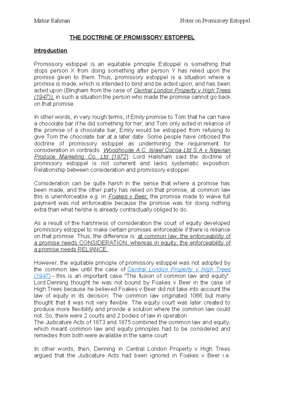 Matiur Rahman Notes on Promissory Estoppel: Key Principles and Cases ...