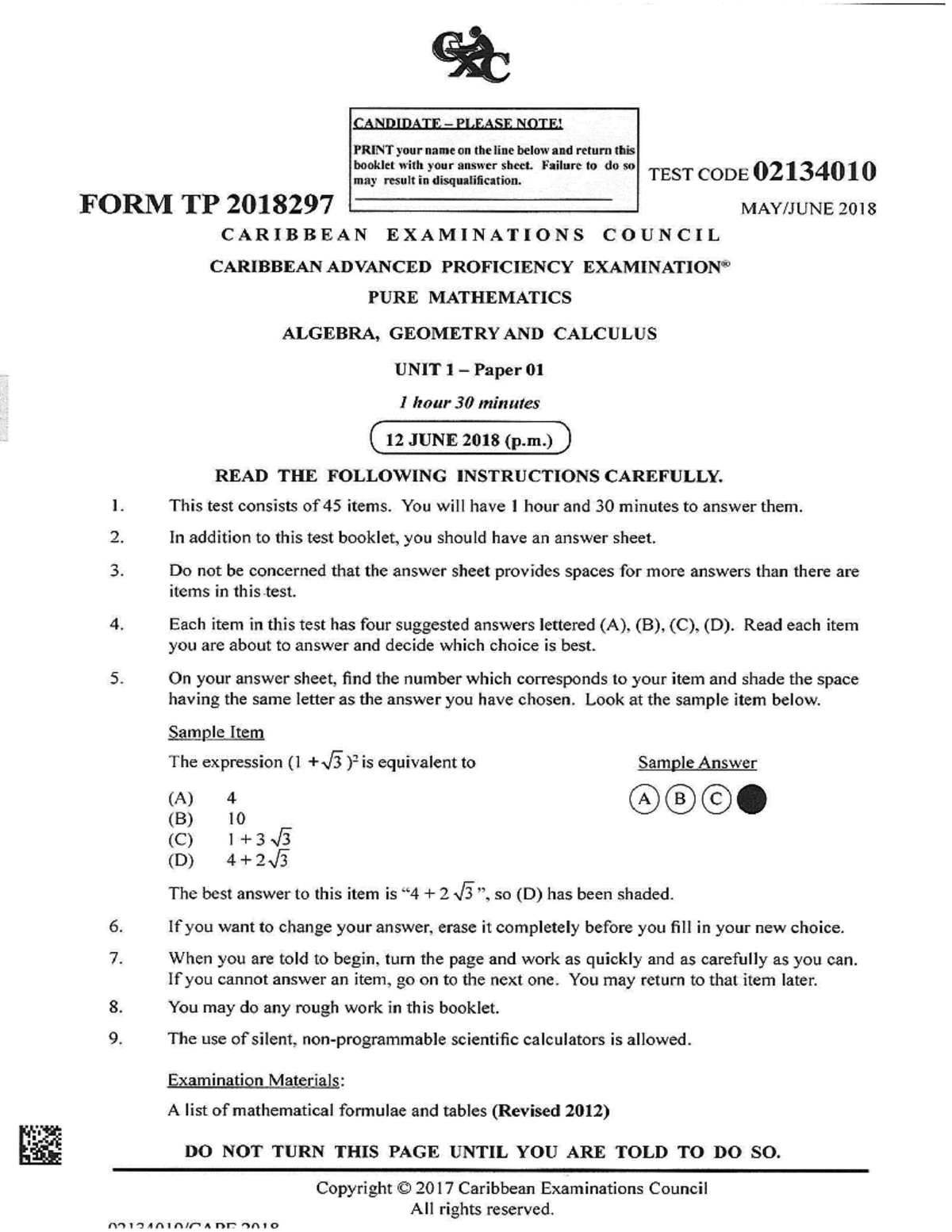 Pure Mathematics 2018 CAPE Unit 1 Paper 01 Exam Instructions and ...