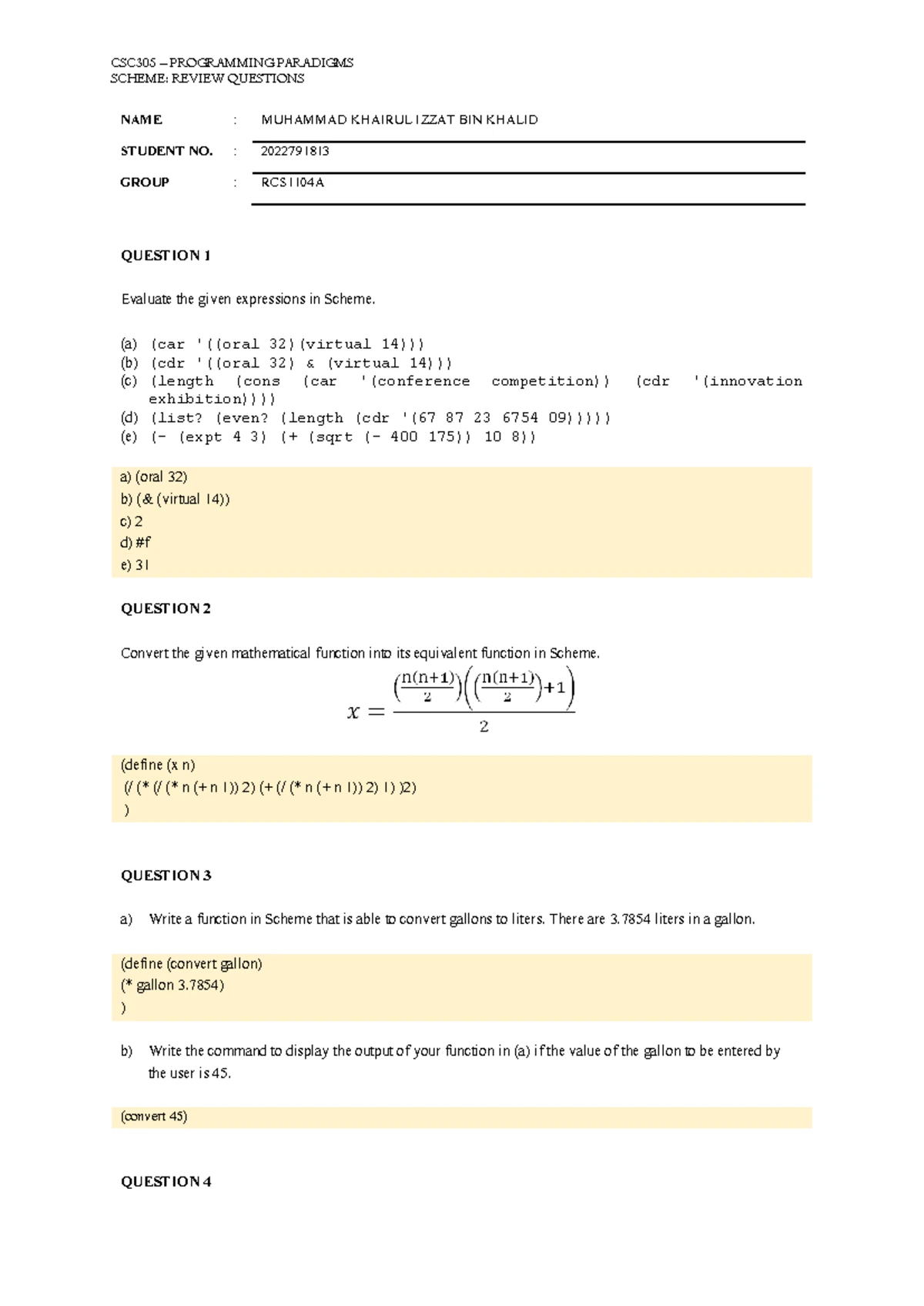 CSC305 Lab Test Questions - Programming Paradigms Assessment (May 2024 ...