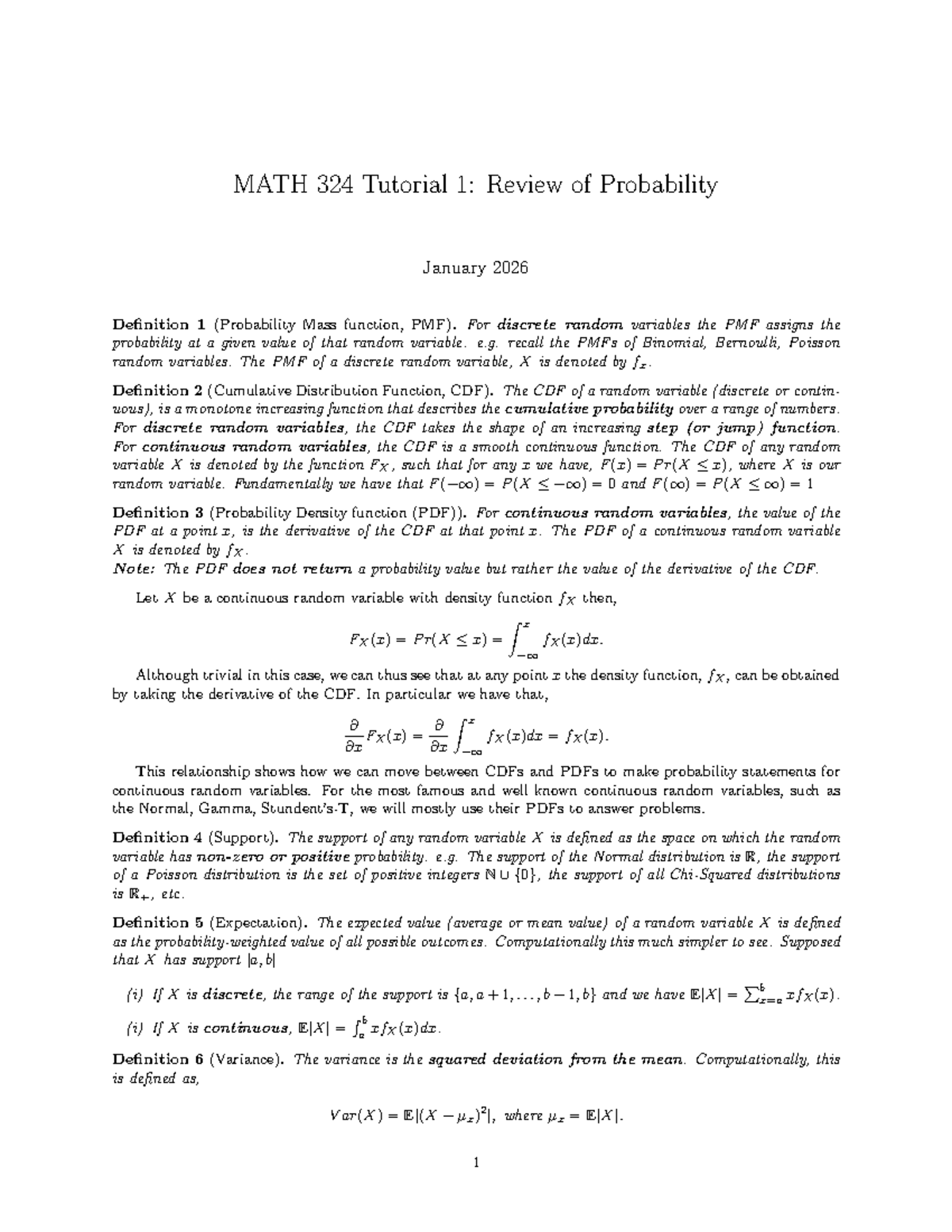 MATH 324 Tutorial 1: Probability Concepts and Definitions Winter 2026 ...