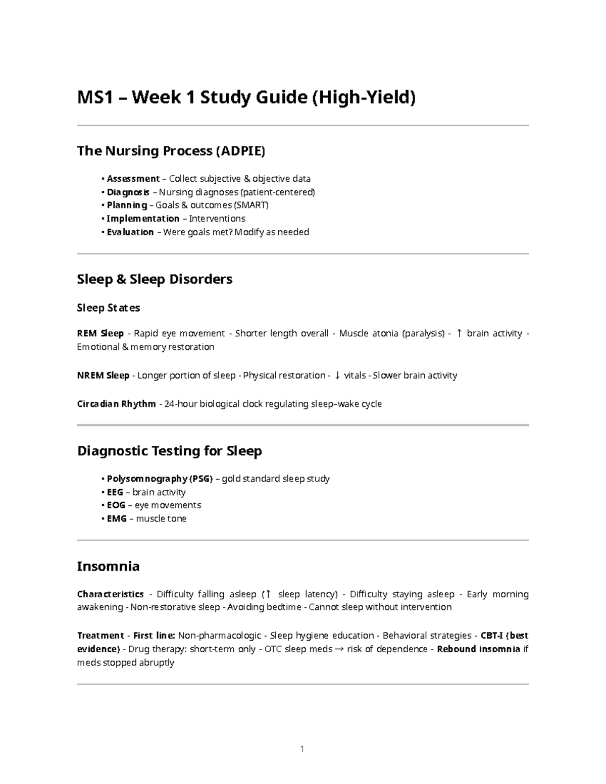MS1 Week 1 Study Guide: Nursing Process, Sleep Disorders & Fluids - Studocu