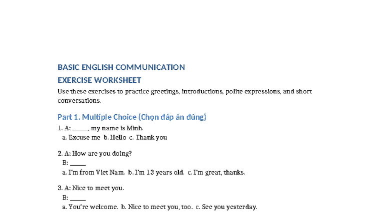 BASIC ENGLISH COMMUNICATION EXERCISE WORKSHEET - Studocu