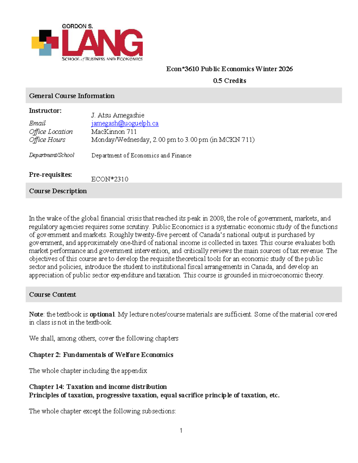Econ 3610 Winter 2026 Public Economics Course Outline - Studocu
