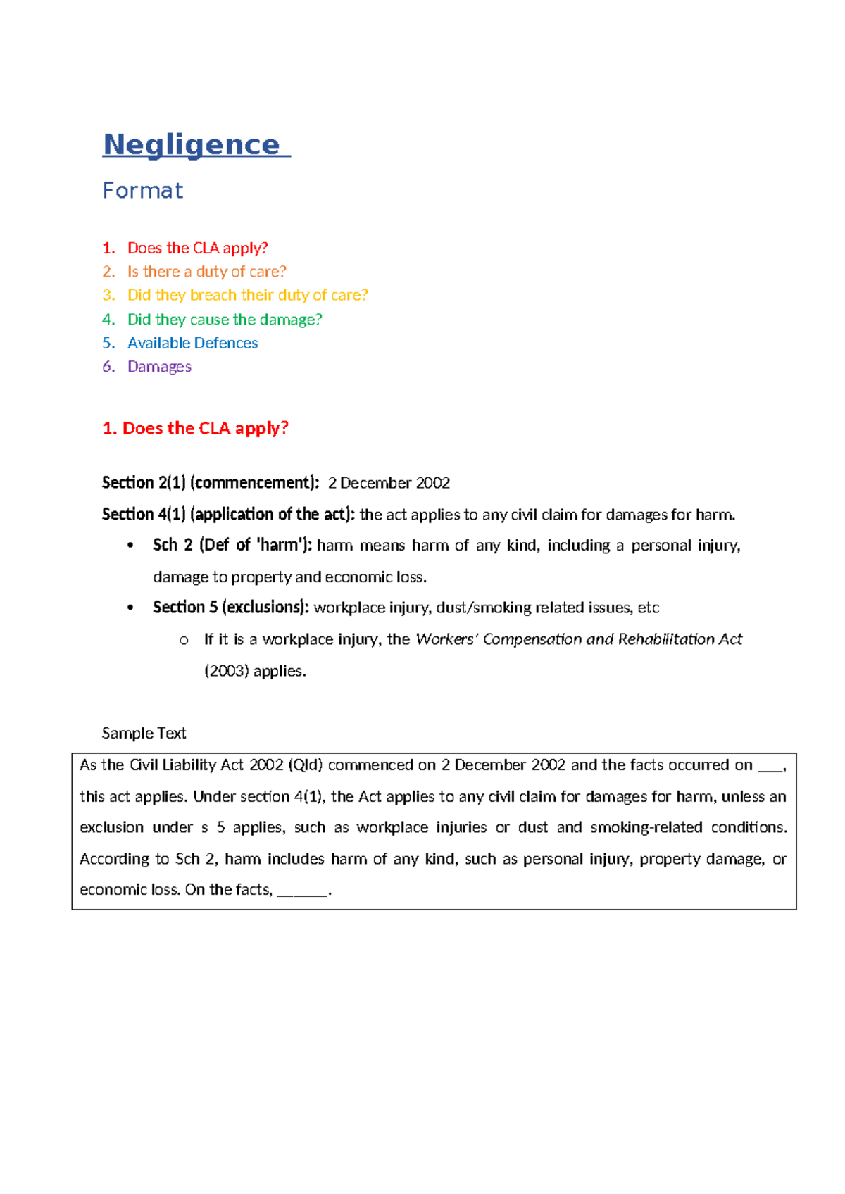 Exam Notes - Duty of Care Analysis (Negligence) - Studocu