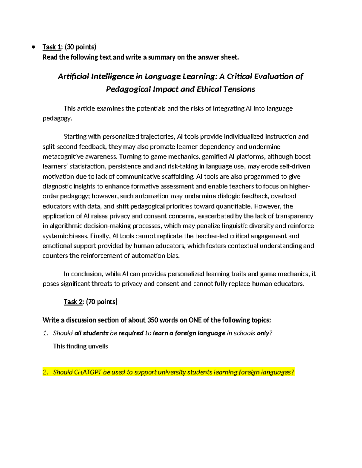 Final Test - 01: AI in Language Learning & ChatGPT Discussion - Studocu