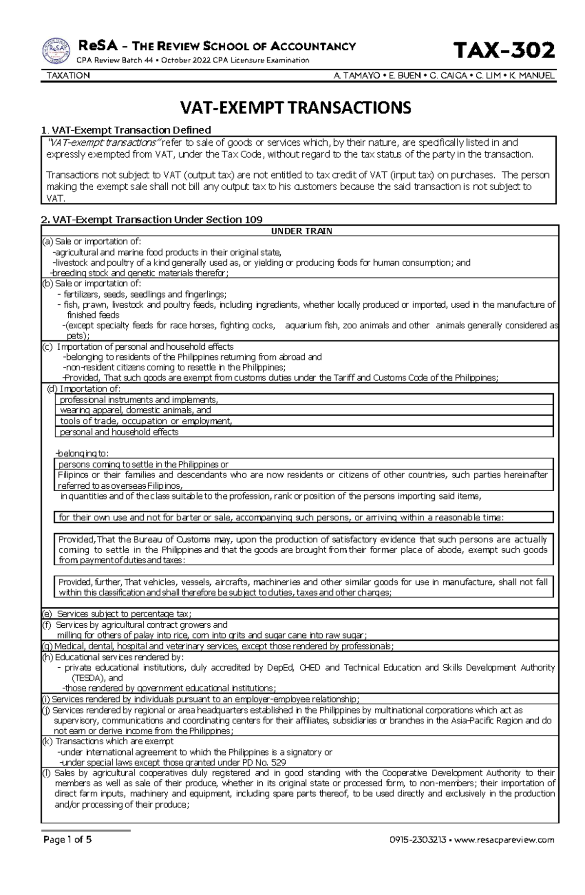 TAX-302: VAT-Exempt Transactions Overview for CPA Review Batch 44 - Studocu