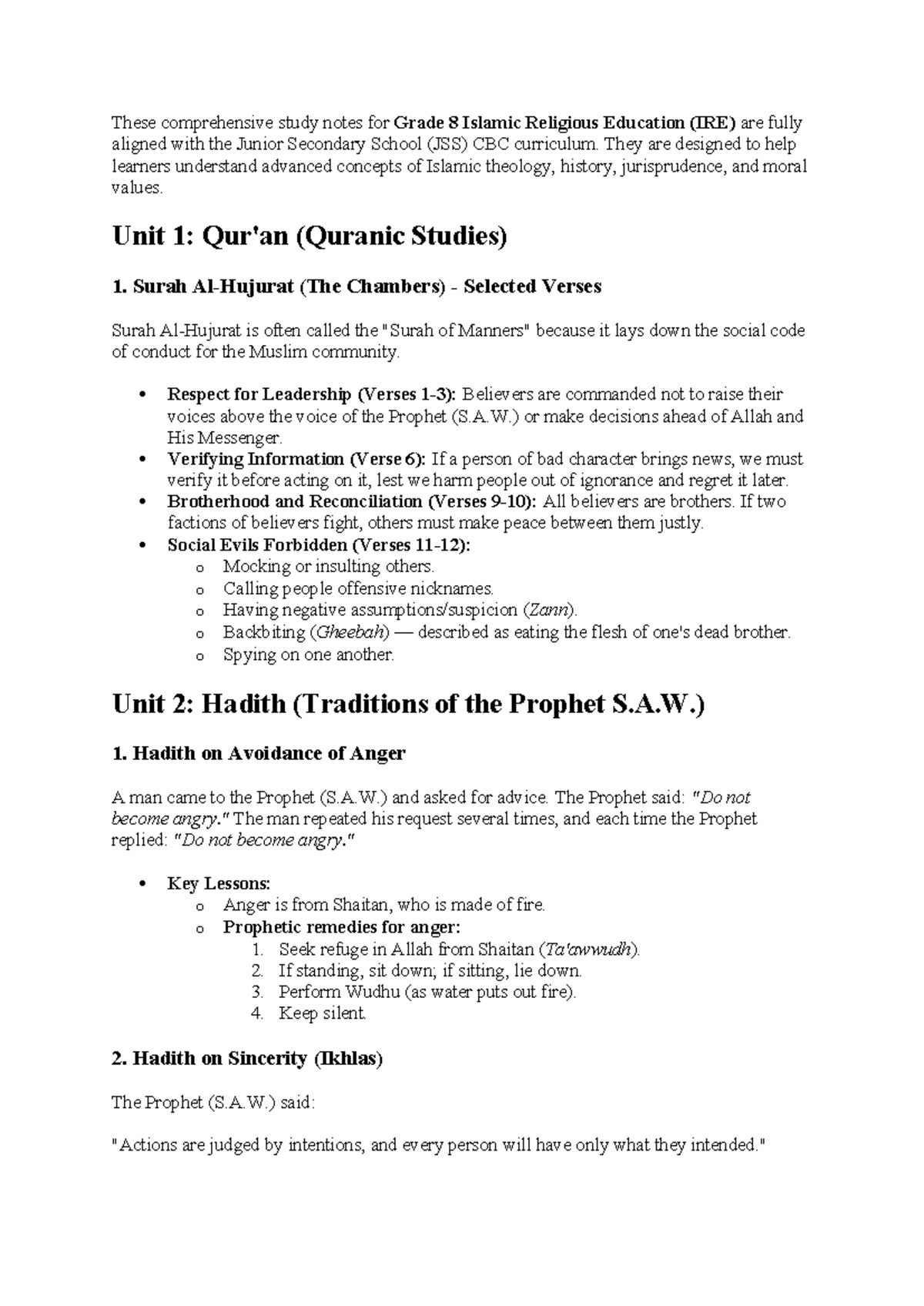 Grade 8 IRE Comprehensive Study Notes on Islamic Education Concepts ...