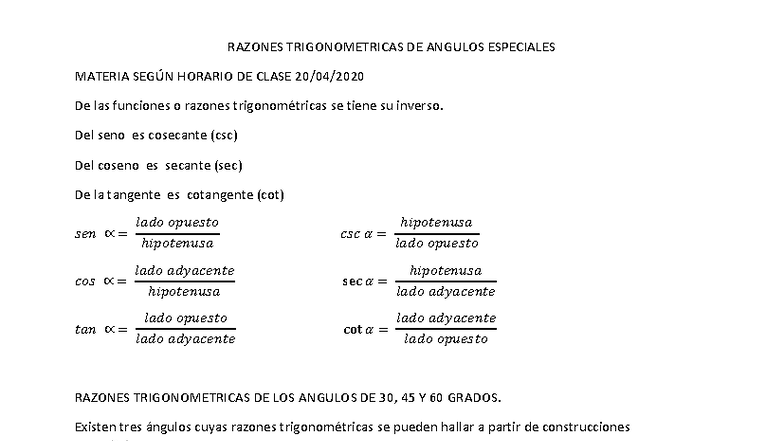 Razones Trigonométricas de Ángulos Especiales - Tarea y Evaluación ...