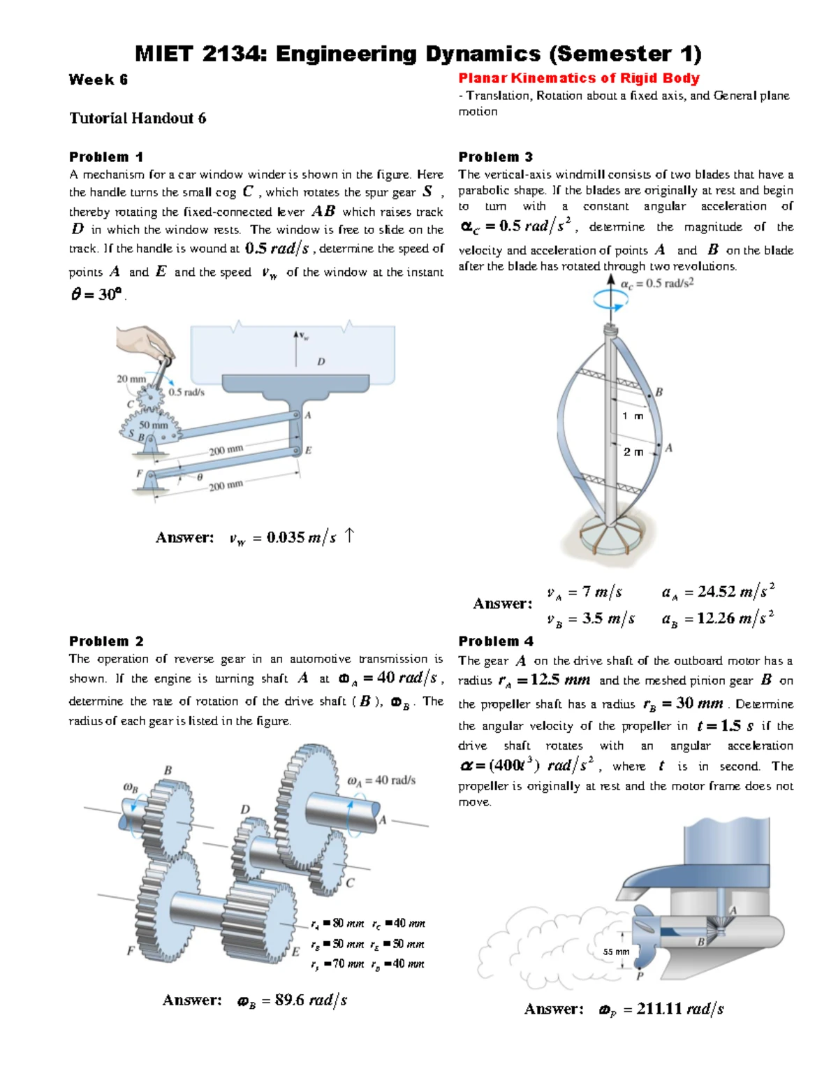 MIET 2134: Engineering Dynamics Week 1 Tutorial on Kinematics - Studocu