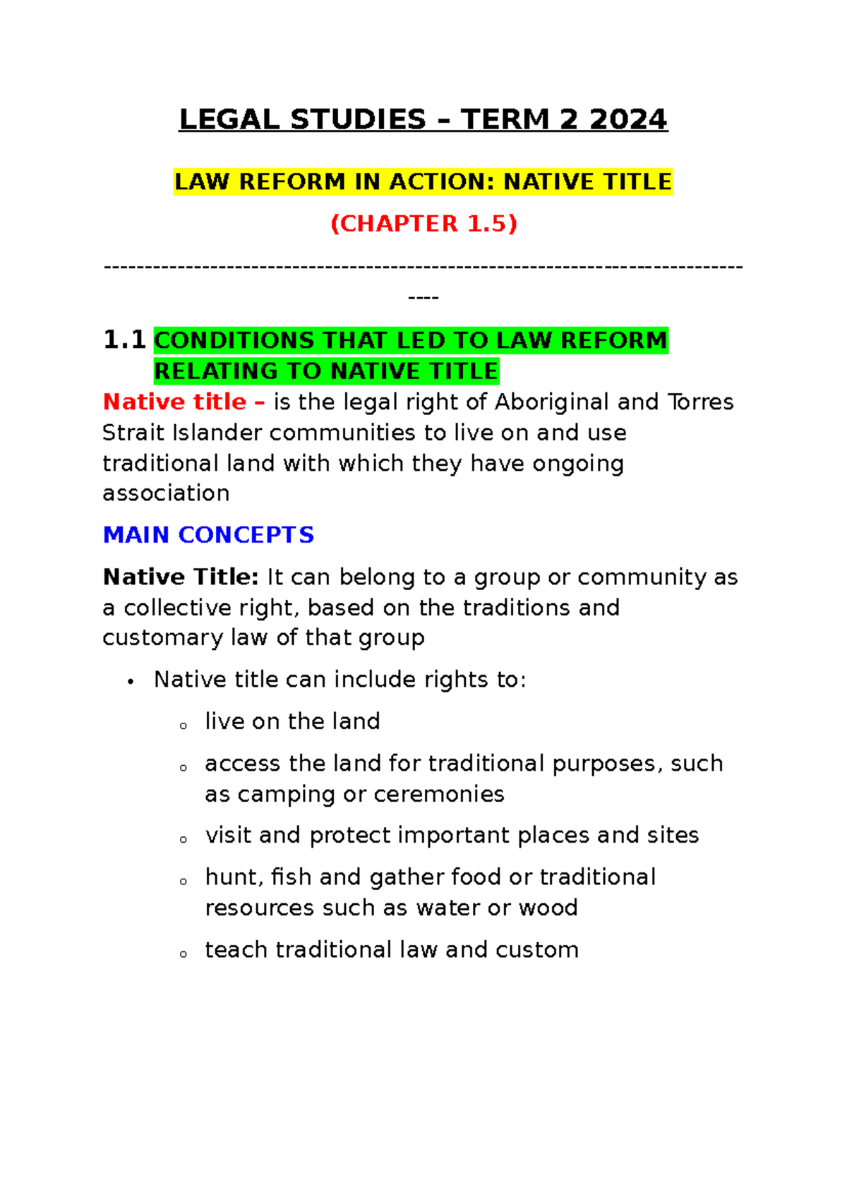 LEGAL STUDIES TERM 2 2024: NATIVE TITLE LAW REFORM (CH. 1.5) - Studocu