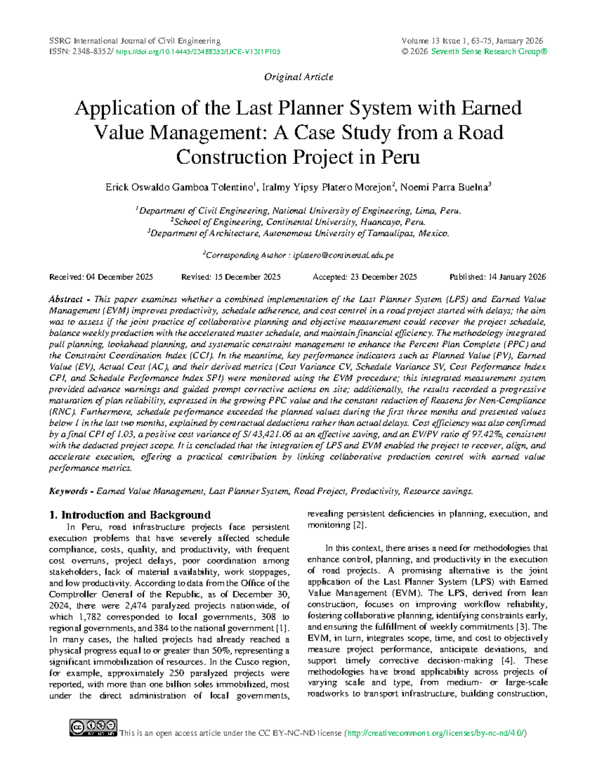 Application of Last Planner System & EVM in Road Project (IJCE 13.1 ...