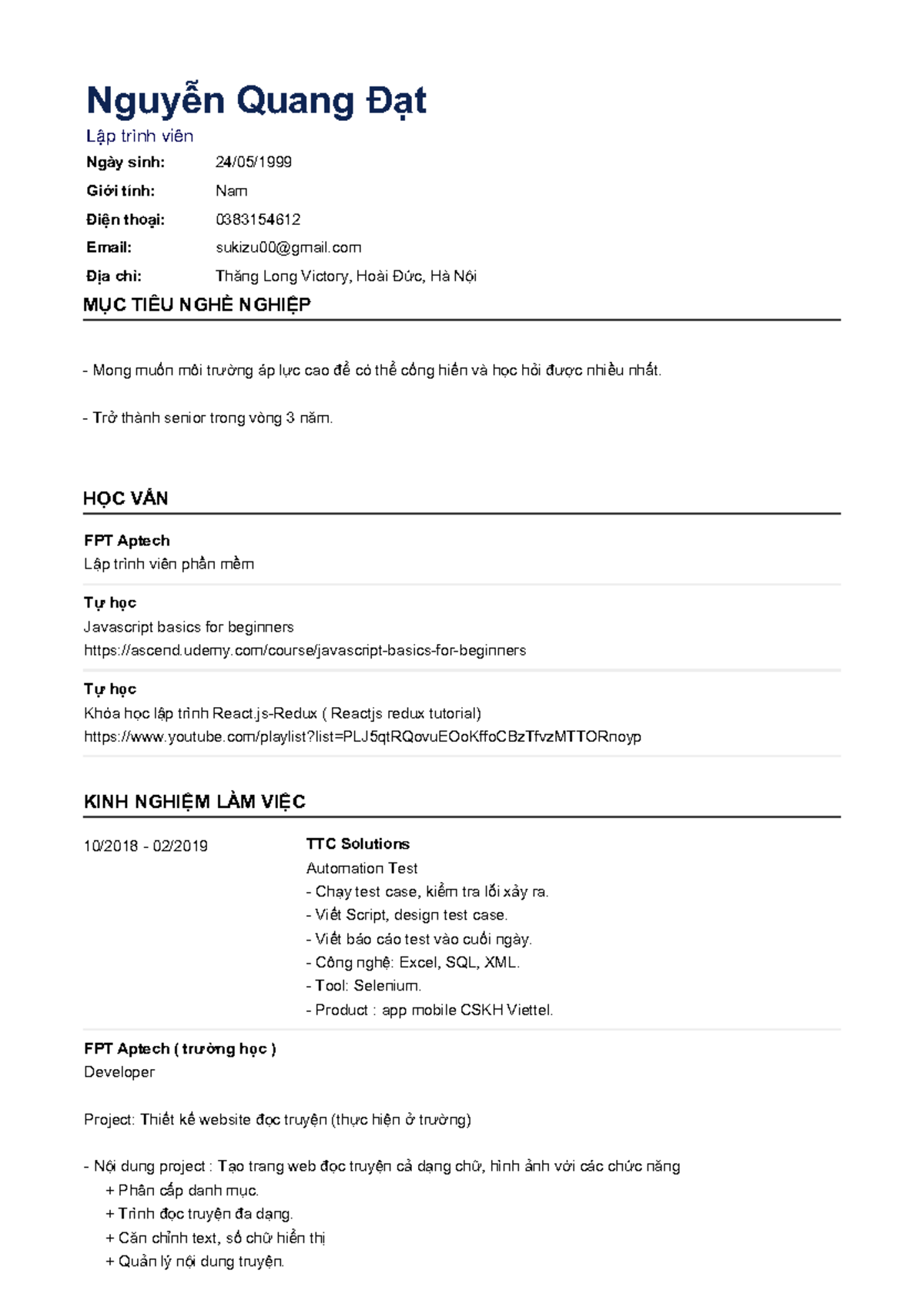 Nguyen Quang Dat Top CV - No comment - FPT Aptech Lập trình viên phần ...