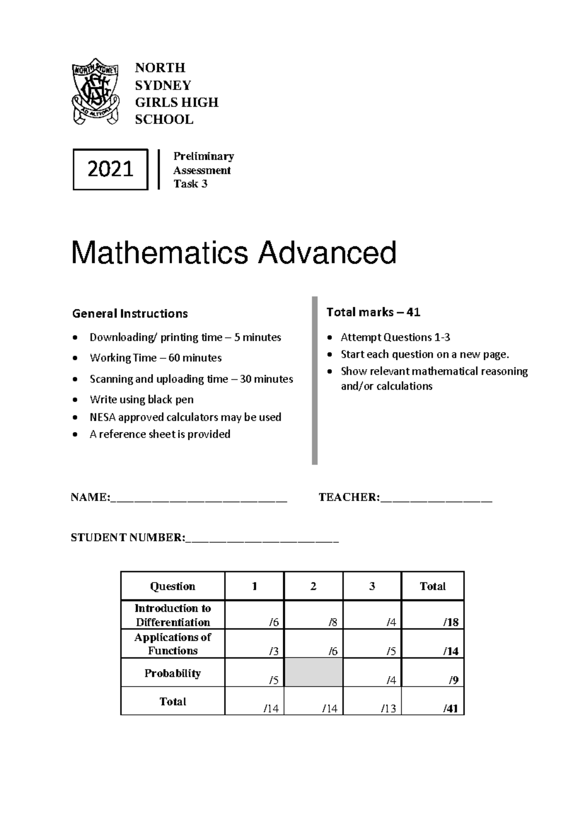 North Sydney Girls High School 2021 2U Prelim Math Assessment ...