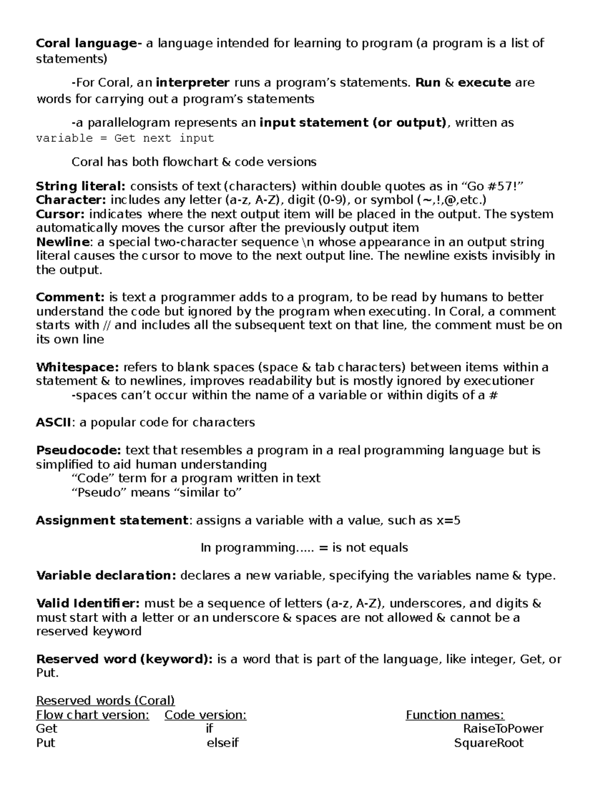 D278 Coral Language Programming Notes and Key Concepts - Studocu