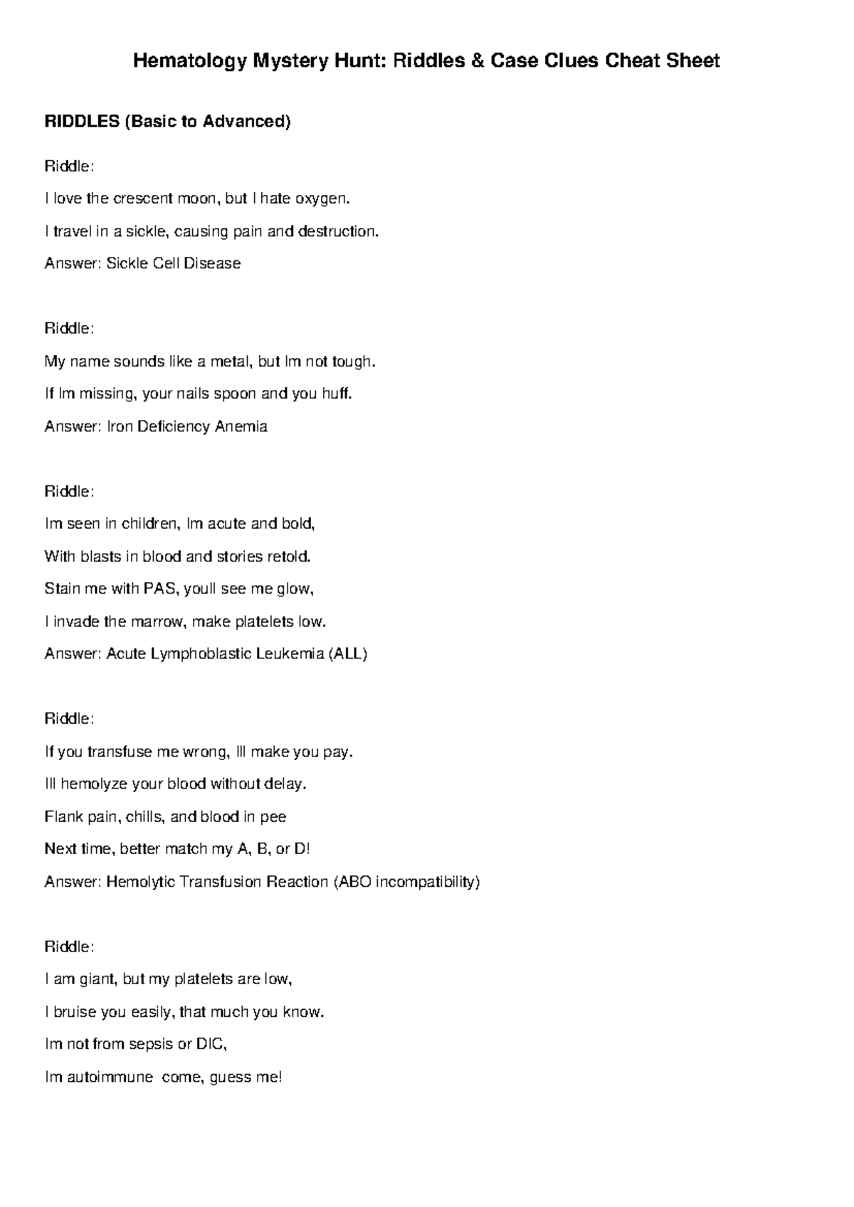 Hematology Mystery Hunt: Riddles & Case Clues Cheat Sheet - Studocu