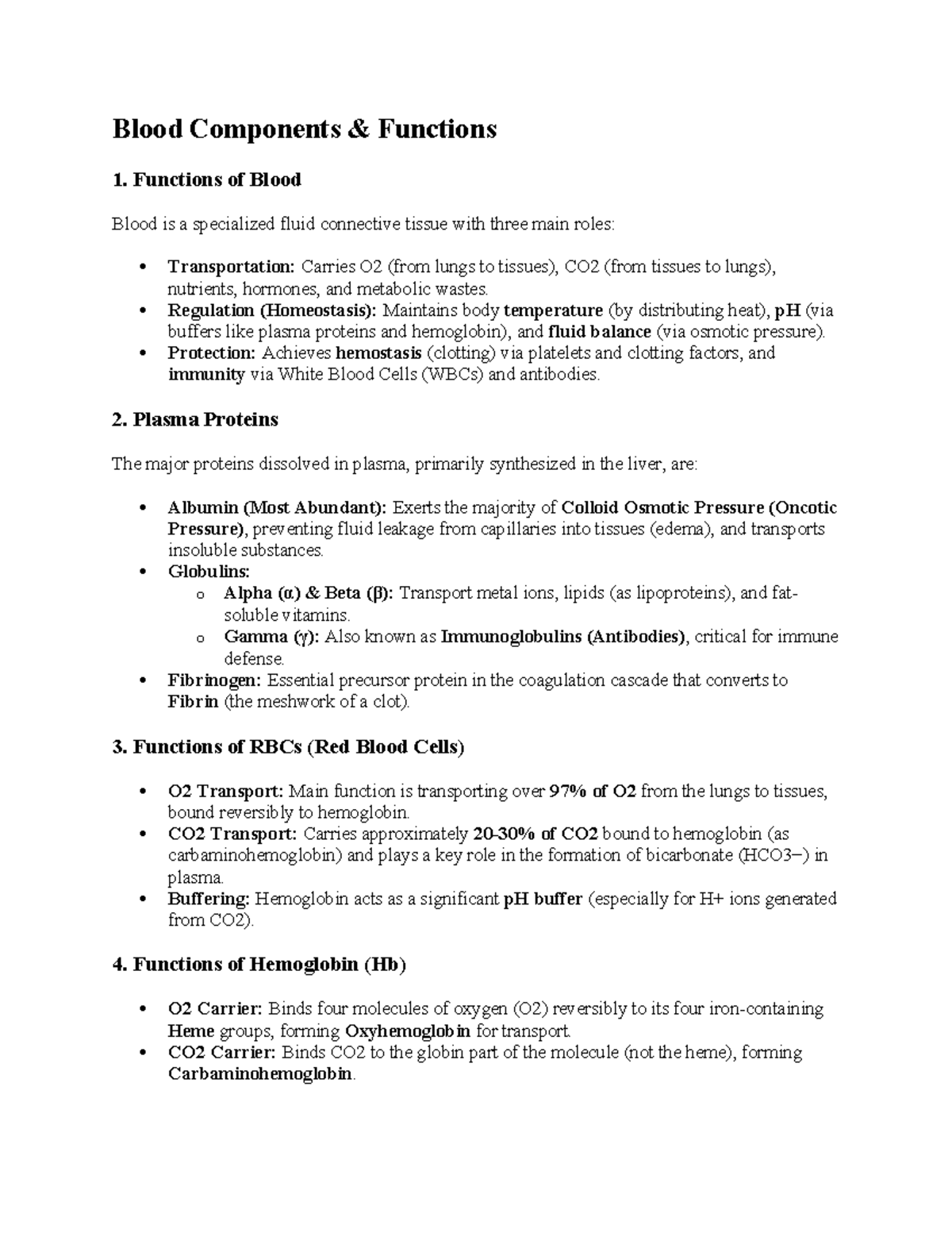 Blood Components Functions - Human Physiology (Course Code: 3) - Studocu