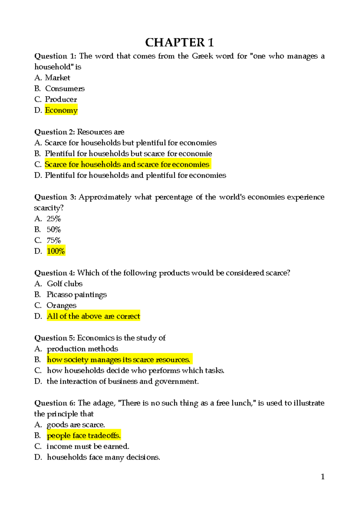 Microeconomics (ECON101) Chapter 1 Review Quiz Questions & Answers ...