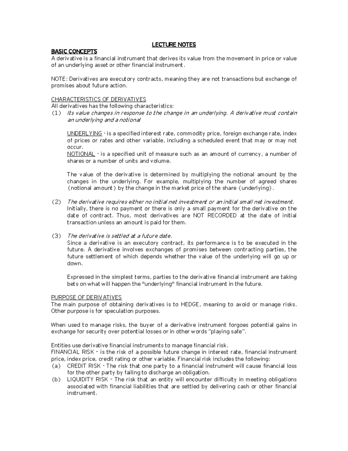 Basic Derivatives Lecture Notes: Key Concepts and Applications - Studocu