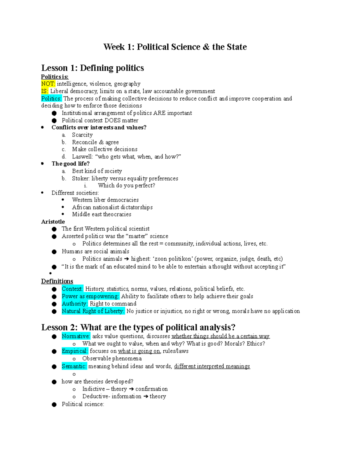 Poli Sci 1020 November Exam Study Notes on Political Theories and ...