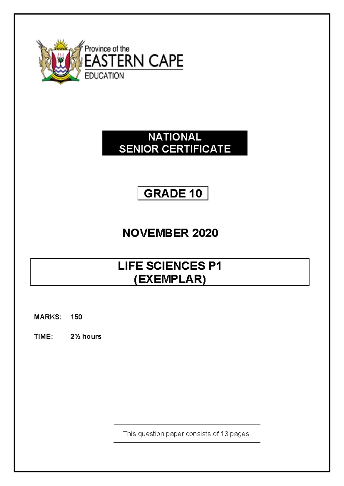 Life Sciences P1 Grade 10 November 2020 Question Paper (Exemplar) - Studocu