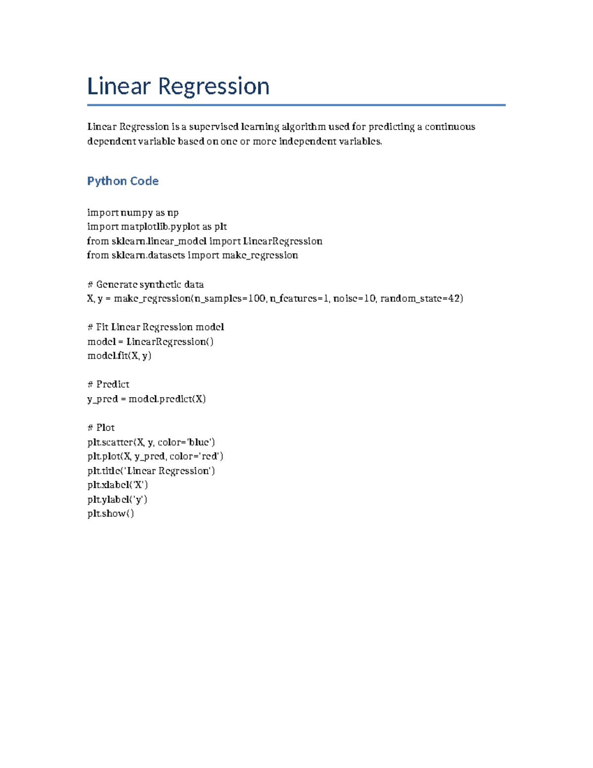 Linear Regression - Linear Regression Linear Regression is a supervised ...
