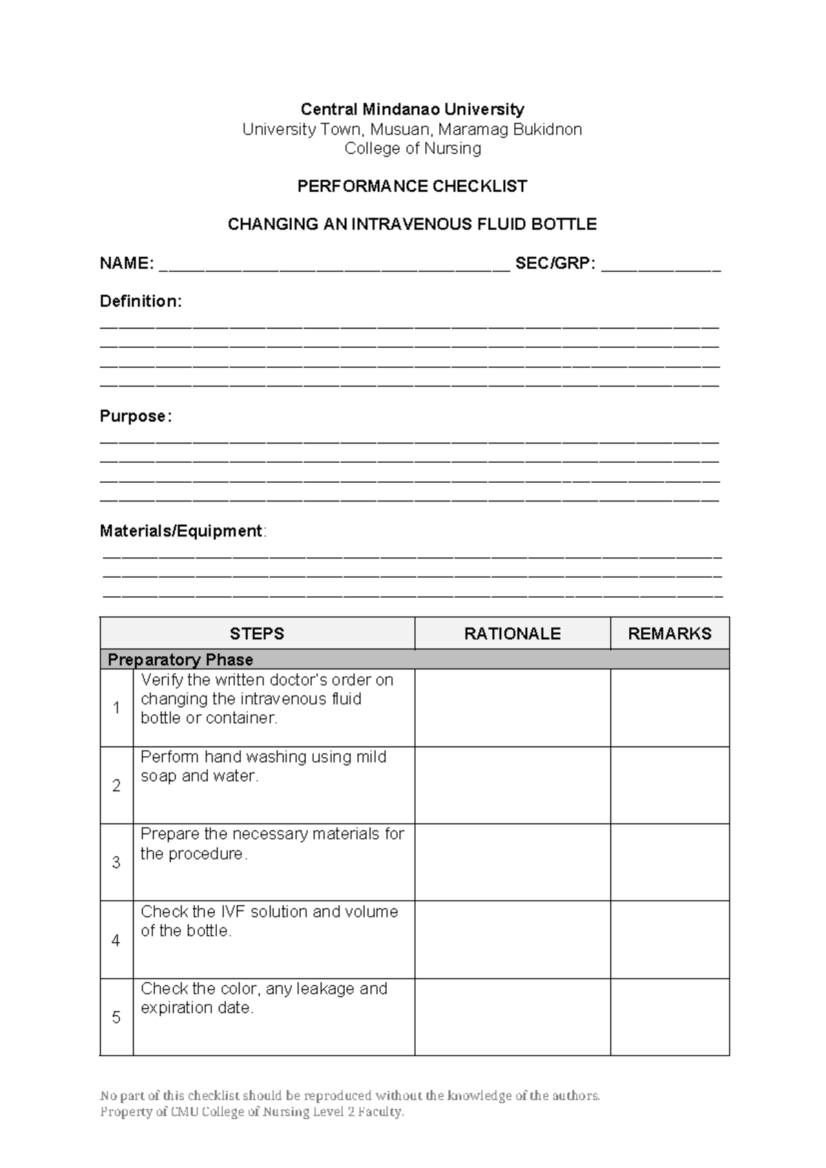 Changing Intravenous Fluid Bottle Procedure Checklist - Nursing 101 ...