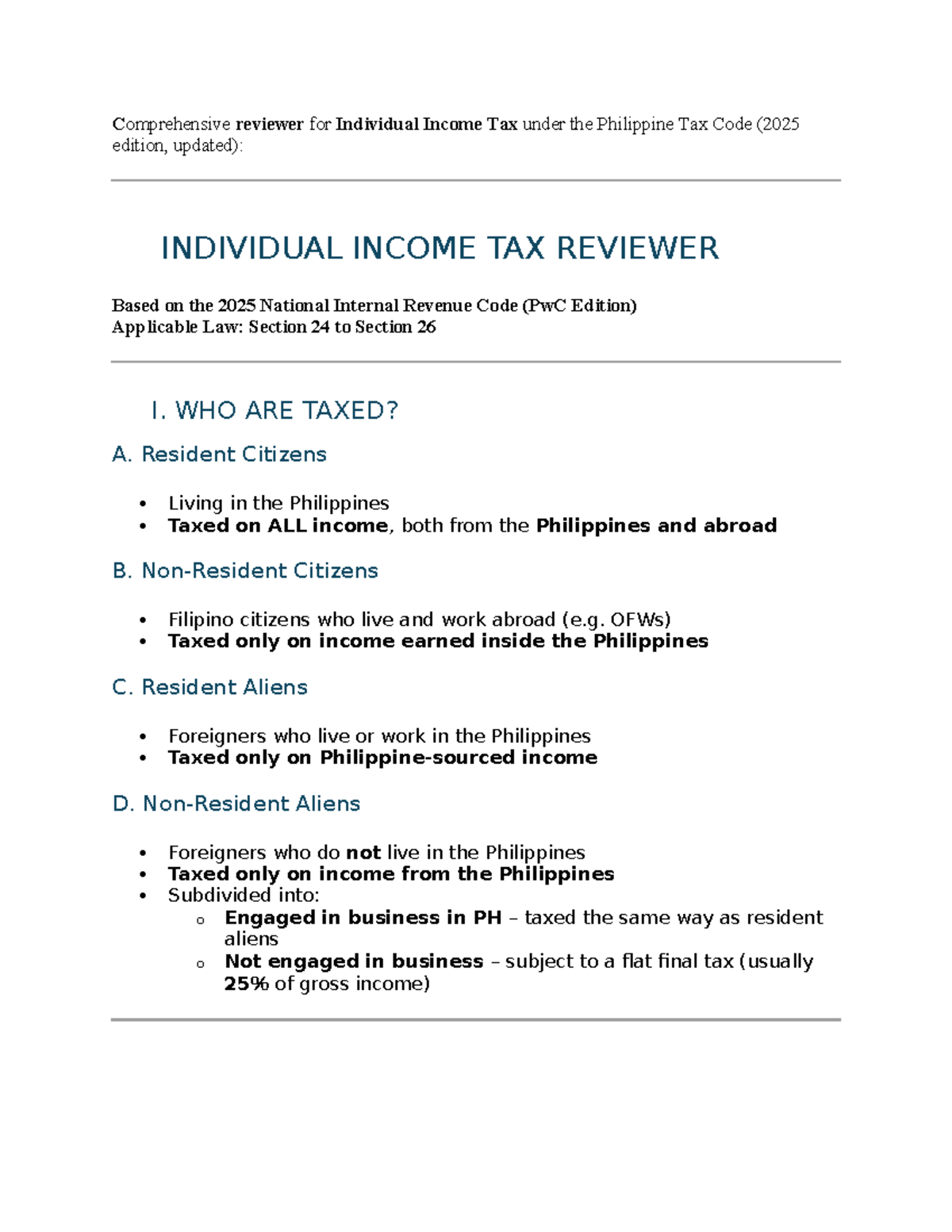INDIVIDUAL INCOME TAX REVIEWER (2025 Edition) - PH Tax Code - Studocu
