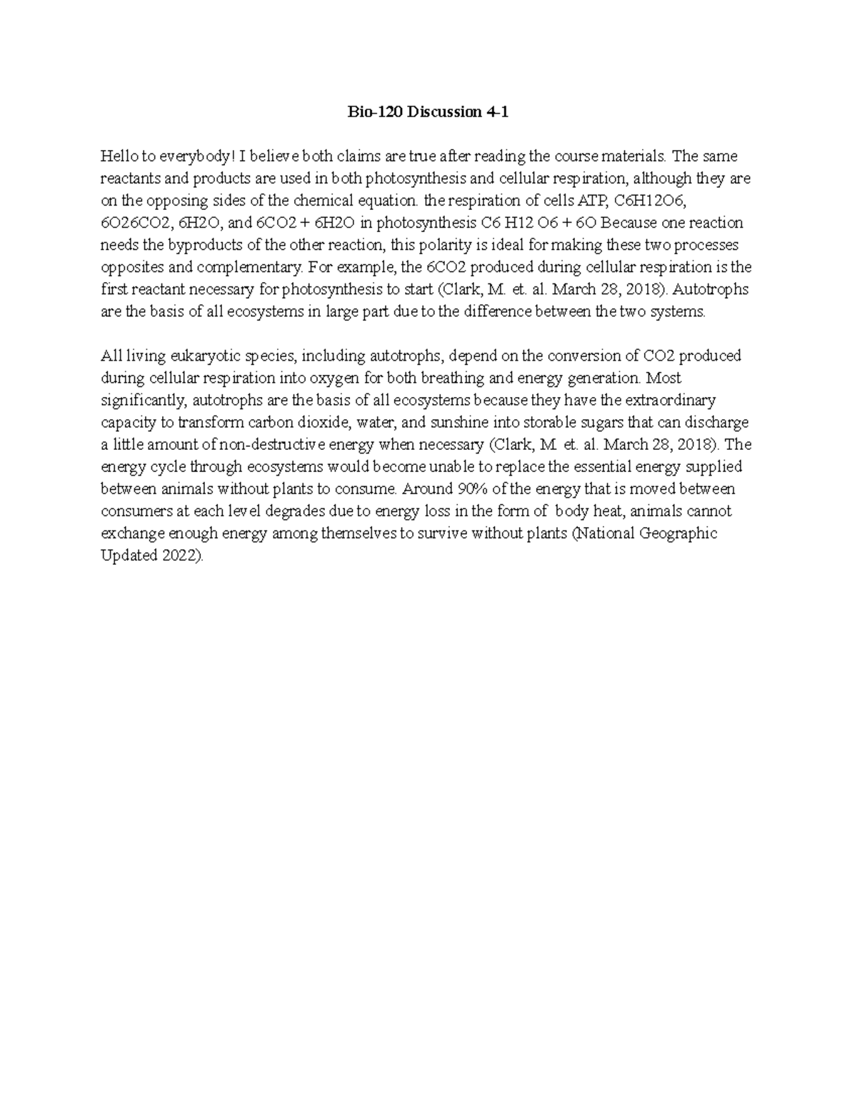 Bio-120 Discussion 4-1: Photosynthesis and Cellular Respiration ...