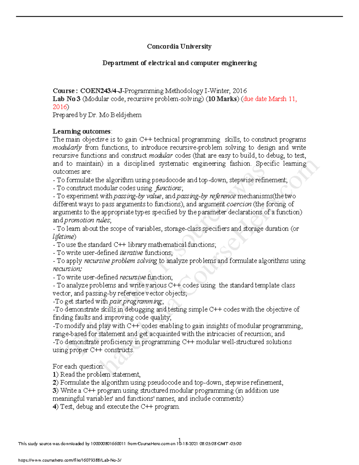 Lab no 3 ref - lab number 3 tasks and question about c++ - COEN 243 ...