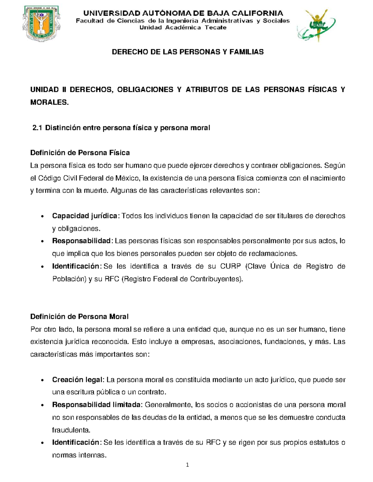 DERECHO DE LAS PERSONAS Y FAMILIAS: UNIDAD II - PERSONAS FÍSICAS Y ...
