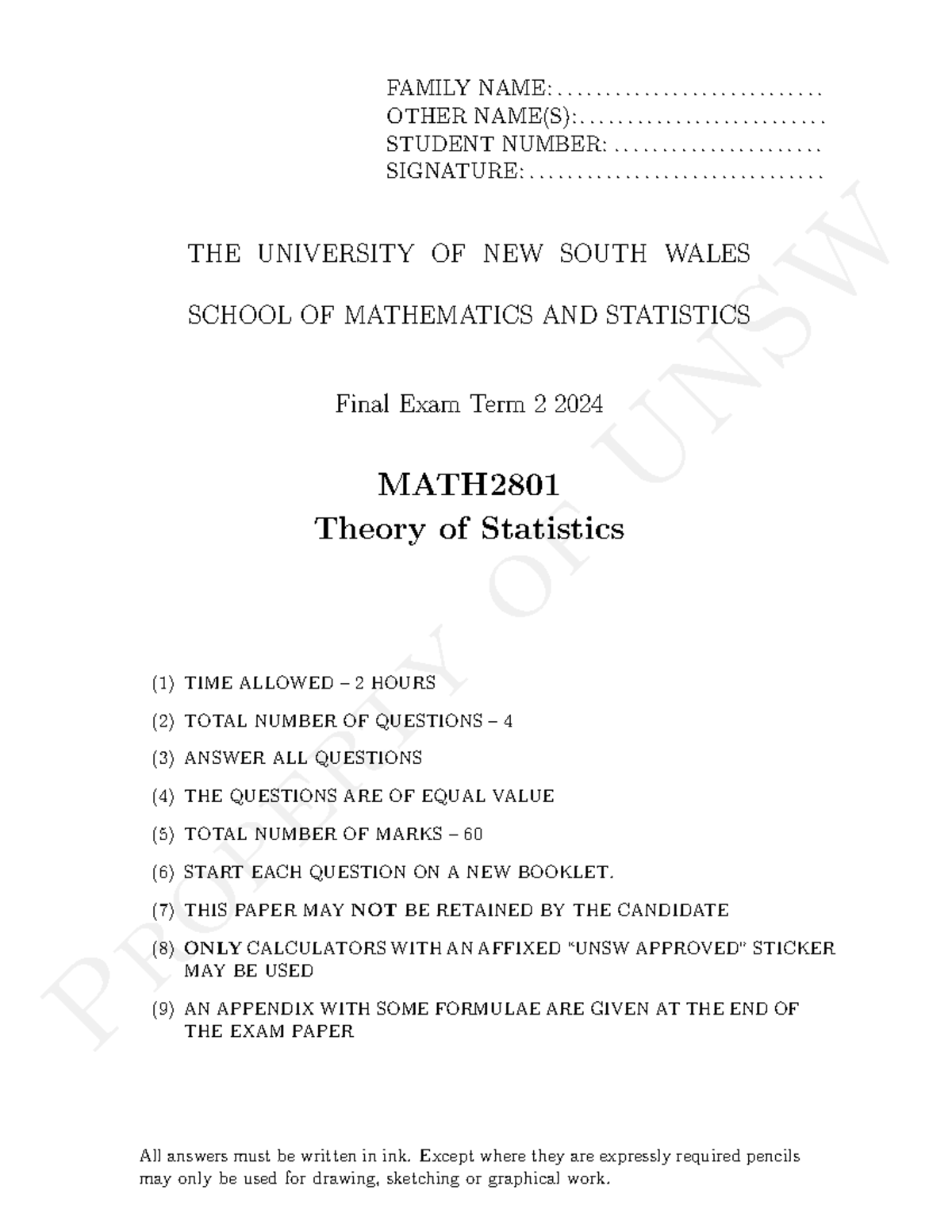 Final Exam Review: MATH2801 Theory of Statistics - Term 2 2024 - Studocu