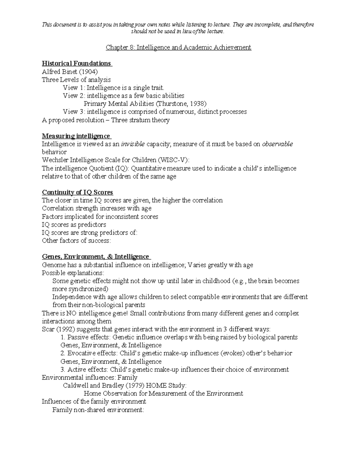 Chapter 8 Notes: Intelligence & Academic Achievement (Psych 101) - Studocu