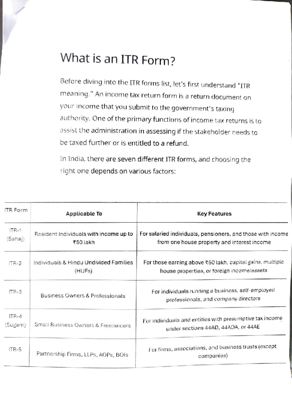 Income Tax Notes: Understanding ITR Forms and Filing Process - Studocu