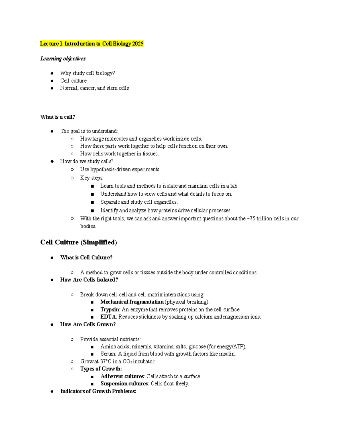 Cell Biology Lecture 1 Notes: Introduction to Cell Structure & Function ...