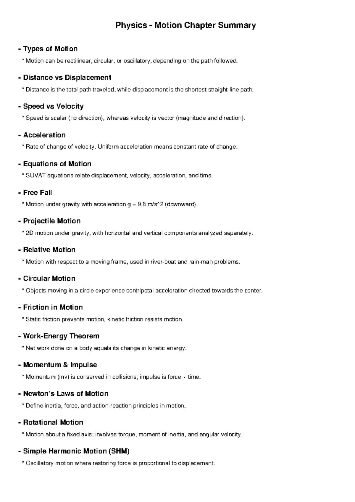 Physics Motion Chapter Summary: Types, Equations, and Laws - Studocu