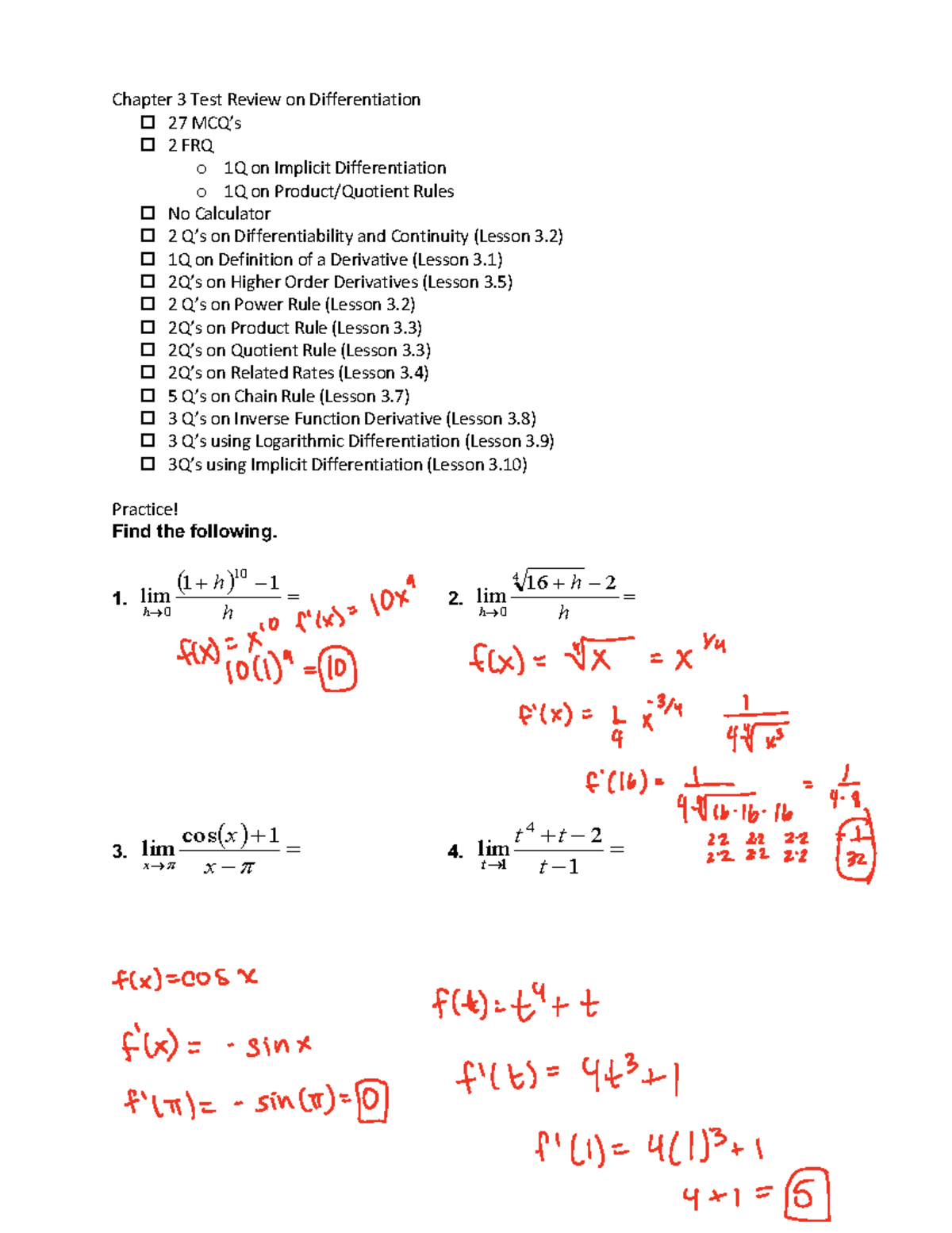 AP Calc AB Chapter 3 Differentiation Test Review Guide - Studocu
