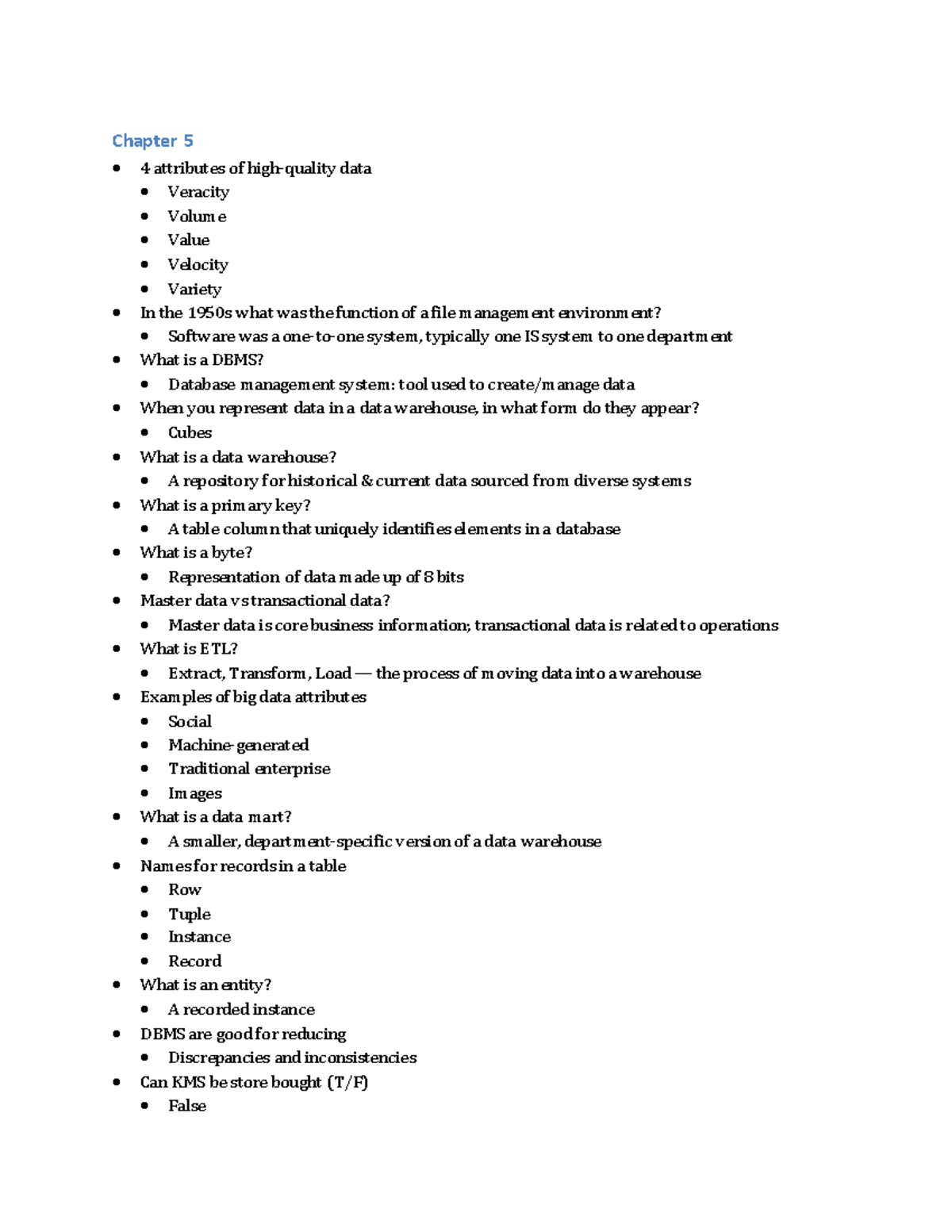 ITIS Midterm Exam: Chapter 5 & 6 Data Attributes and DBMS Concepts ...
